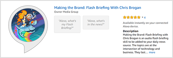 Chris Brogan's Alexa flash briefing for Making the Brand shows a caricature of Chris riding a shark and holding a flame. In the background is a rainbow.