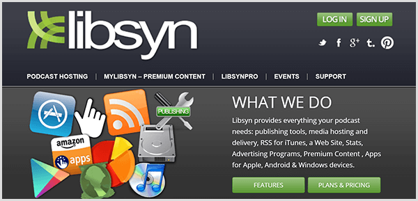 Chris Brogan uses Libsyn to host the audio files for his Alexa flash briefing. The Libsyn website has navigation items for podcast hosting, premium content, pro features, events, and support.