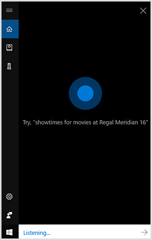 Cortana, the Windows conversational interface, is a black vertical box with a blue dot in the center. A white field at the bottom indicates a Windows device is listening.