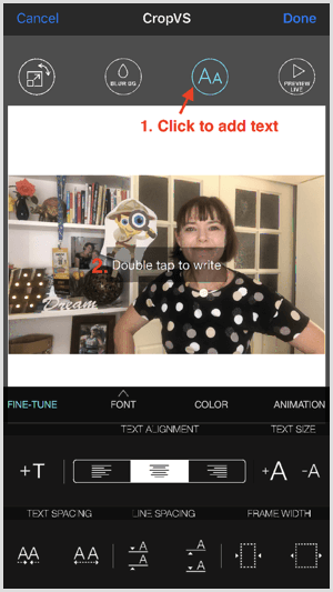Tap the font icon to add text in CropVS.
