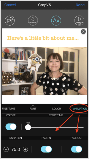 Tap Animation to adjust fade in and fade out settings in CropVS.