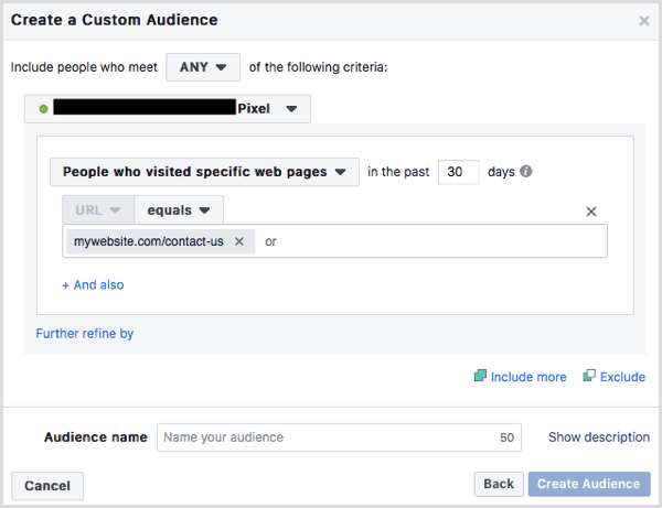 custom audience people who visited contact page