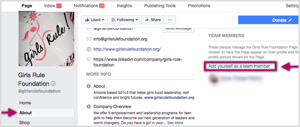 Facebook Add Yourself as Team Member link for Facebook page