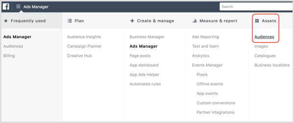 Facebook Ads Manager Audiences option