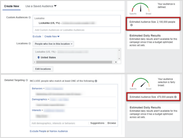 A comparison of audience sizes for a Facebook lookalike audience versus a saved audience.