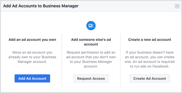 Add an existing ad account or create a new ad account.