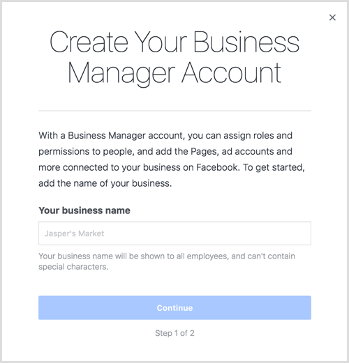 Ingrese el nombre de su negocio para crear su cuenta de Business Manager.