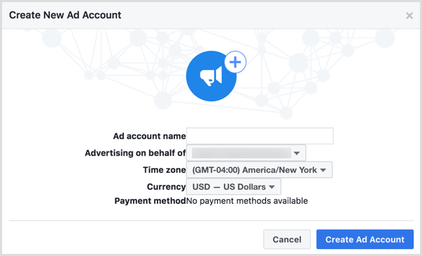 Use el nombre de su empresa cuando se le pida que nombre su nueva cuenta de anuncios de Facebook.