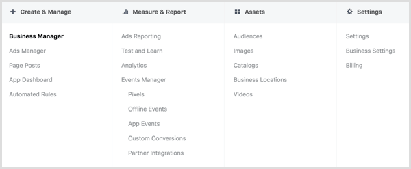 Explore las opciones en el menú Administrador de anuncios de Facebook.