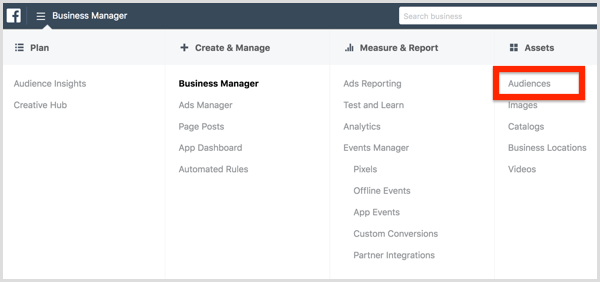 Sélectionnez Audiences dans le menu Facebook Business Manager.
