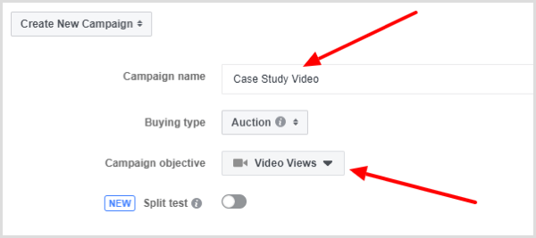 Select the Video Views objective for your Facebook ad campaign.