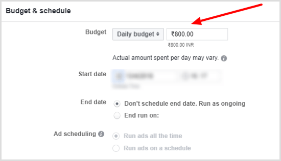 Set a daily budget for your Facebook ad campaign.