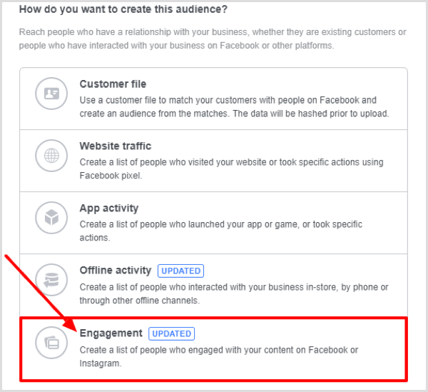 Select Engagement when you create your Facebook custom audience.
