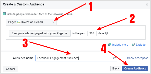 Fill in the details to create your Facebook page engagement custom audience.