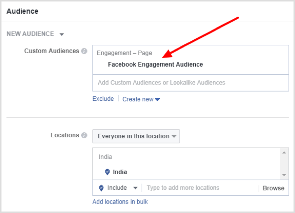 Select location, age, gender, and detailed targeting options for your Facebook campaign.