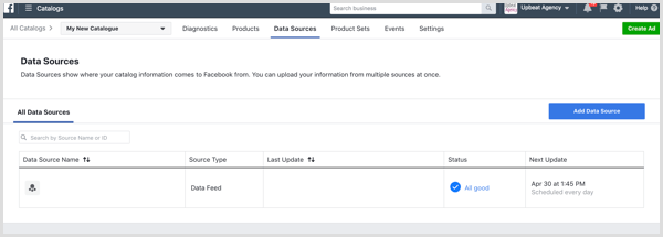 Facebook Catalog Manager Data Sources tab