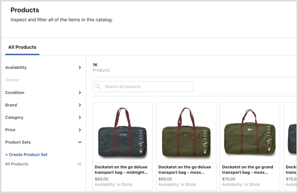 Facebook Catalog Manager Products tab