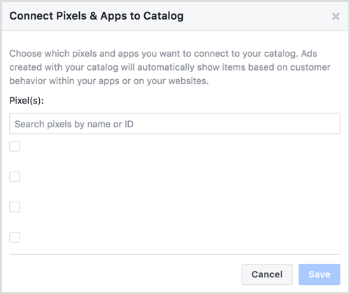 Connect Pixels & Apps to Catalog dialog box