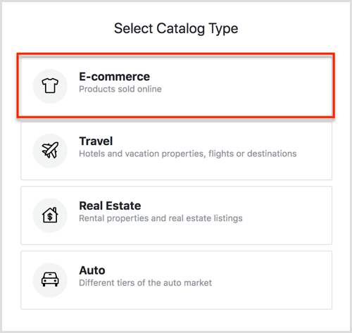 Select Catalog Type options in Facebook Catalog Manager