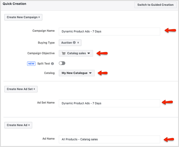 Quick Creation window in Facebook Ads Manager