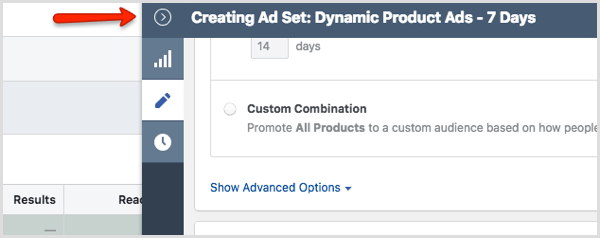 gray arrow for ad set in Ads Manager