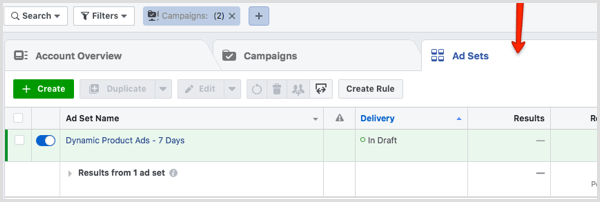 Ad Sets tab in Facebook Ads Manager