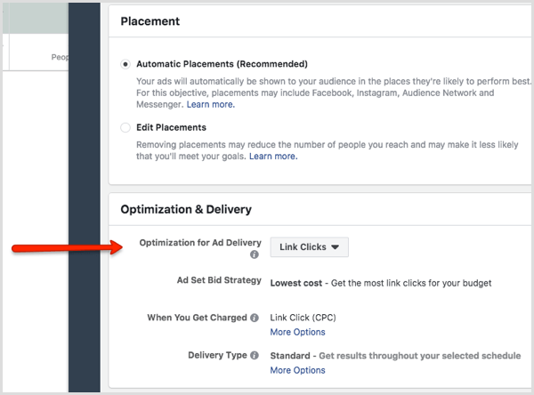 Optimization for Ad Delivery section of ad set in Ads Manager