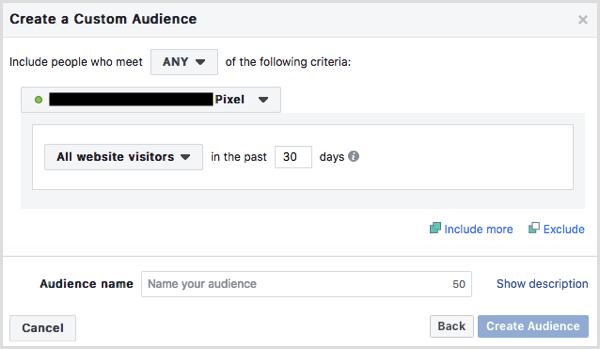 Facebook create website custom audience