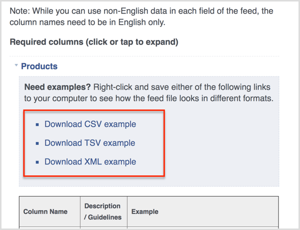 Facebook product feed examples available for download