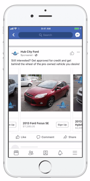 Facebook führte dynamische Anzeigen ein, mit denen Automobilunternehmen ihren Fahrzeugkatalog verwenden können, um die Relevanz ihrer Anzeigen zu erhöhen.