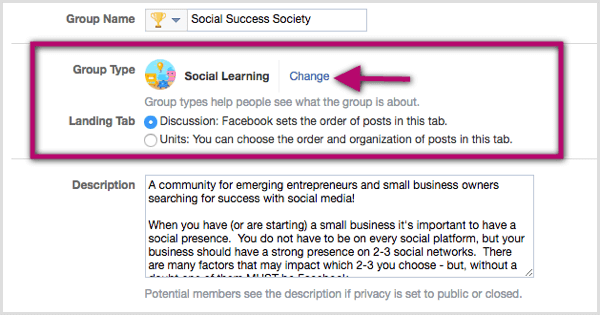 Click the Change link next to the existing group type classification and select Social Learning.