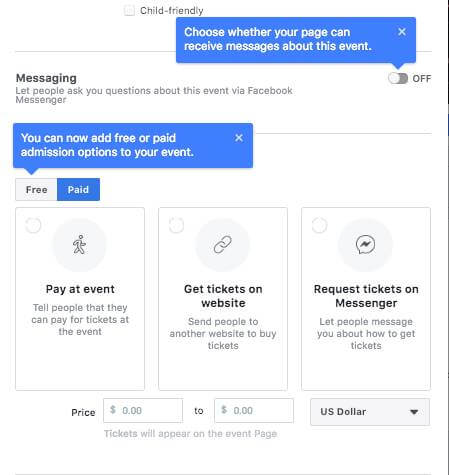 Facebook appears to be testing the option to allow people to ask questions via Facebook Messenger, add free or paid admission option for an event, and set a ticketing price range when setting up a Facebook Event Page.