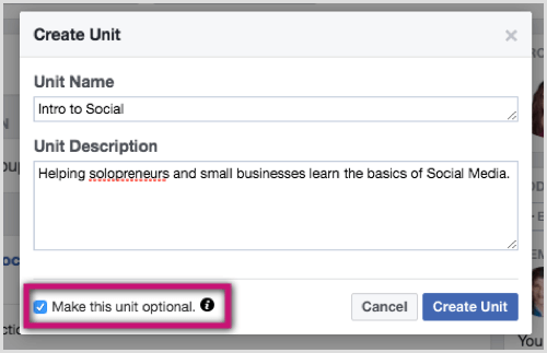 Input a name and description for your Facebook group unit.