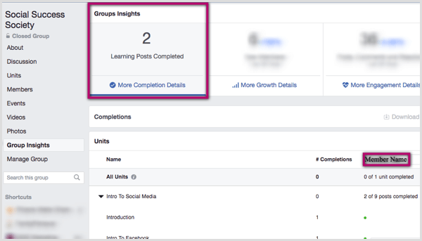 Navigate to the Group Insights tab within your group to see how many learning posts were completed.