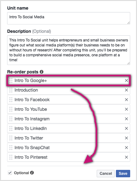 Drag and drop the posts into the order you prefer in the Facebook group unit.