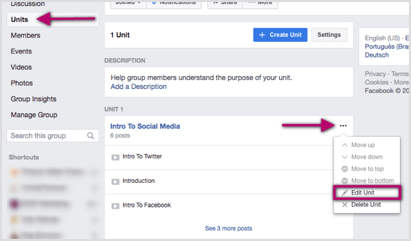 Klicken Sie auf die drei Punkte rechts neben der Facebook-Gruppeneinheit, die Sie bearbeiten möchten.