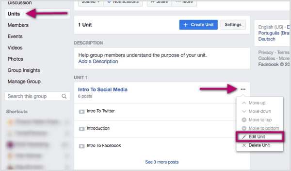 Click on the three dots to the right of the Facebook group unit you want to edit.