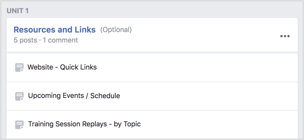 Create a Facebook group unit for resources and links.