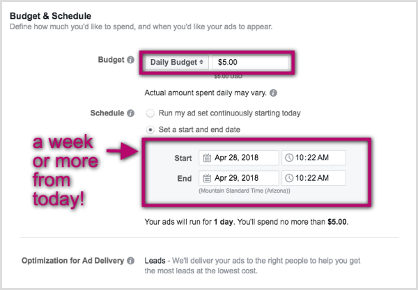 Set budget and schedule for Facebook lead ad.