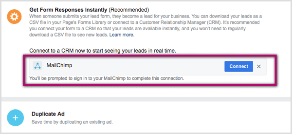 Connect CRM to Facebook lead ad.