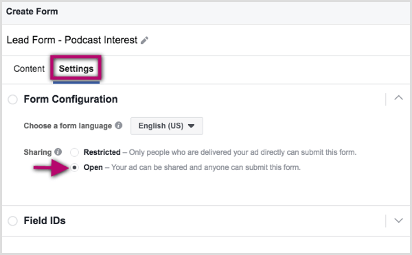 Settings tab of Create Form dialog box