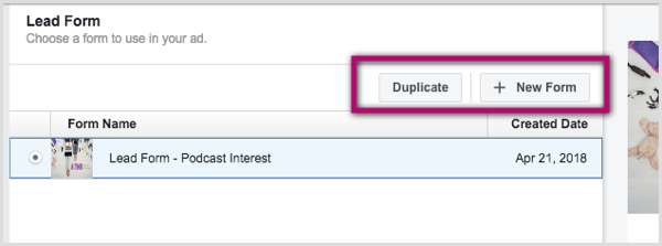 Duplicate and New Form buttons for Facebook lead ad