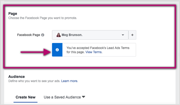 Select Facebook page for lead ad in Ads Manager