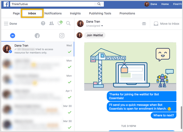 Facebook page Inbox Messenger