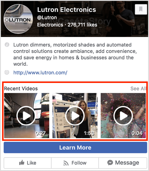 A Facebook page preview showing recent videos.