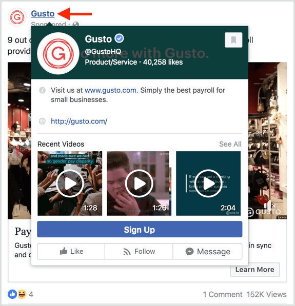 Nutzer sehen eine Vorschau, wenn sie in Facebook-Anzeigen über eine Seite fahren.