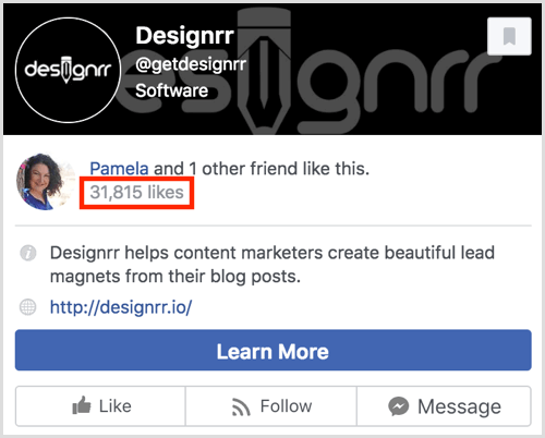 The fan count in this page preview is placed below the names of friends who like the page.