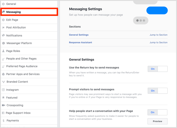 Go to your Facebook page Settings and click the Messaging tab.