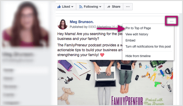 Pin to Top of Page option for Facebook post