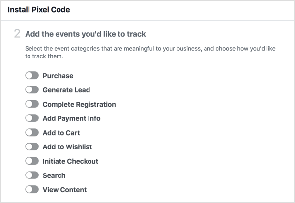 list of Facebook pixel events categories